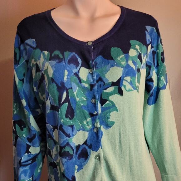Isaac Mizrahi Seafoam Blue Floral Cotton Cardigan L Graphic Chic Lightweight - Picture 3 of 11